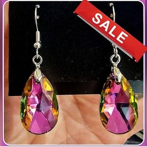 AB Pink Green Silver Acrylic #Faceted Gem Teardrop Pierced Wire Earrings